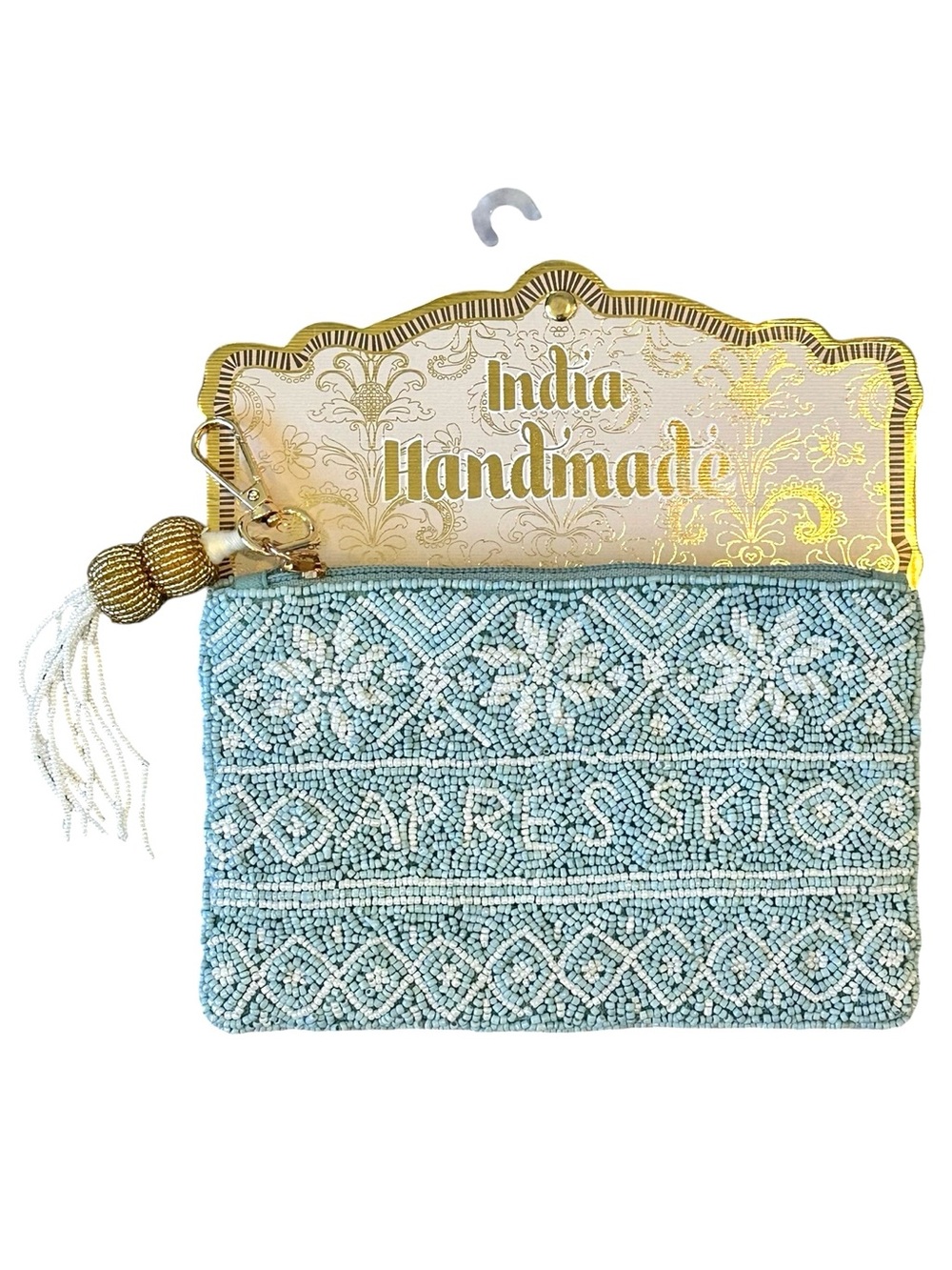 India Handmade Wandering Moon Beaded APRES SKI Fair Isle Pouch Blue White NWT